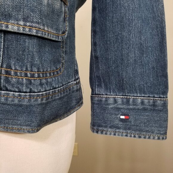 VTG Tommy Hilfiger S Denim Jacket Embellished Hardware Contrast Trim Distressed - Picture 5 of 11